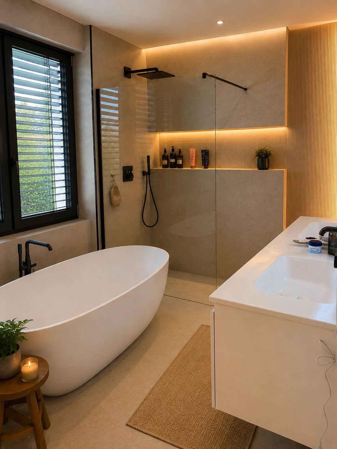 Bad mit freistehender Wanne und warmem Licht