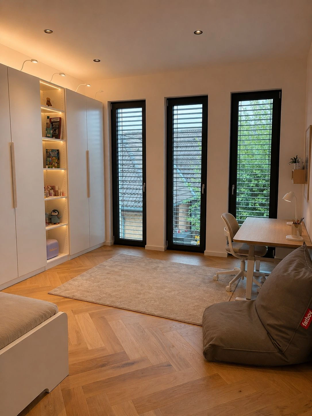 Kinderzimmer mit hohen Fenstern