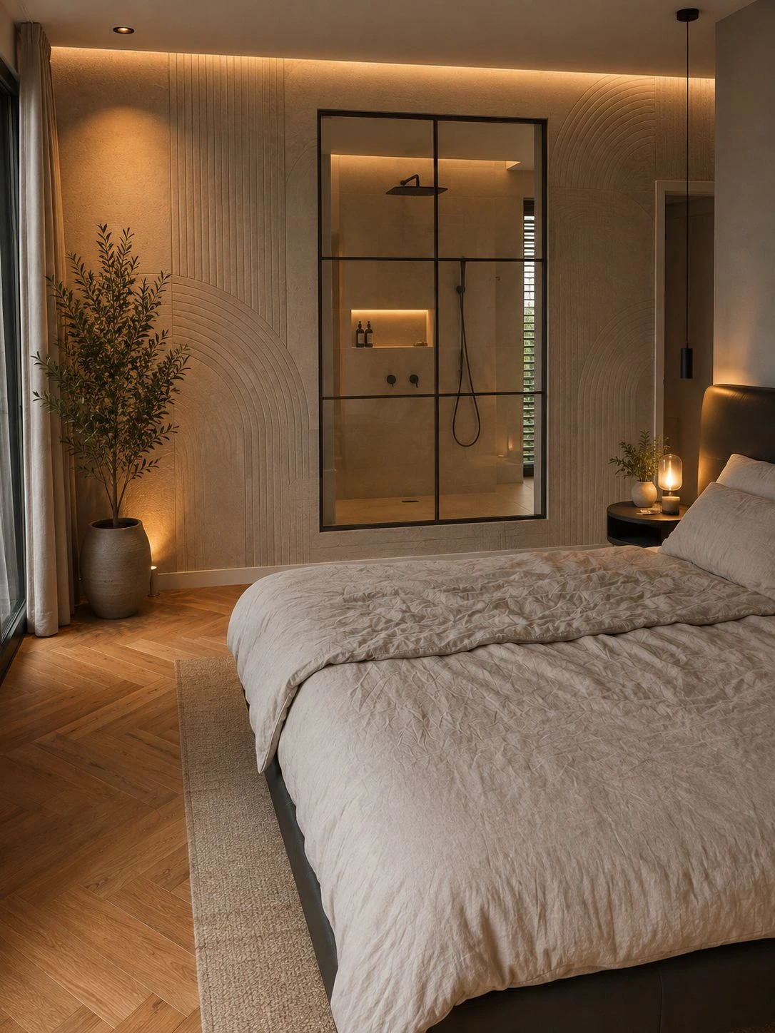 Schlafzimmer mit offenem Blick ins Bad