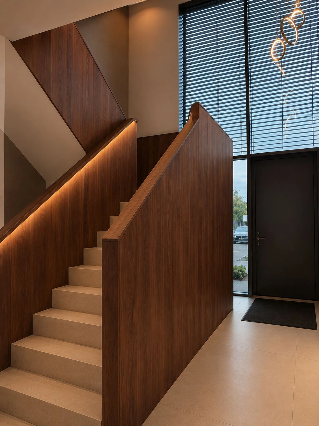 Treppe mit Holzverkleidung und indirekter Beleuchtung